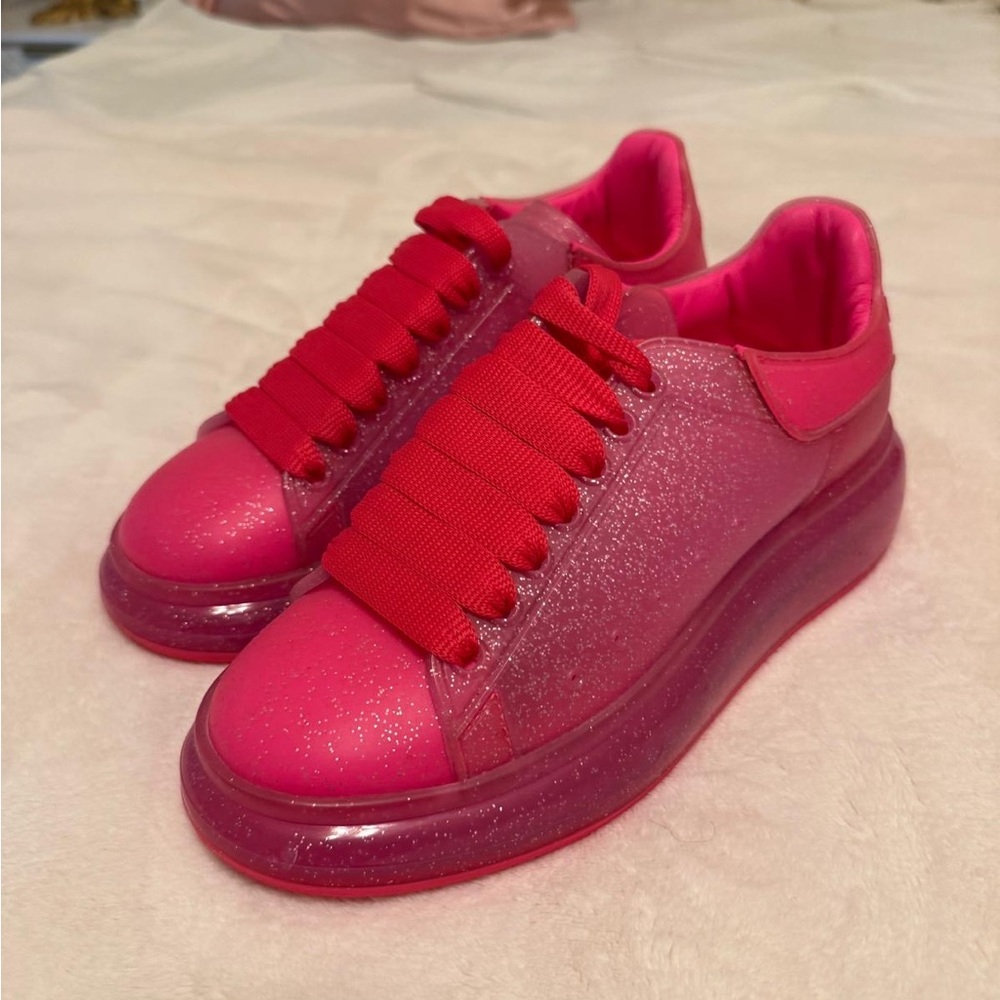 Alexander McQueen Glitter Pink Sneakers with Red Accents